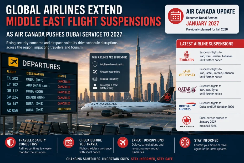 Infographic about global airline suspensions with a Dubai skyline, an Air Canada jet, and a departures board on the left edge.