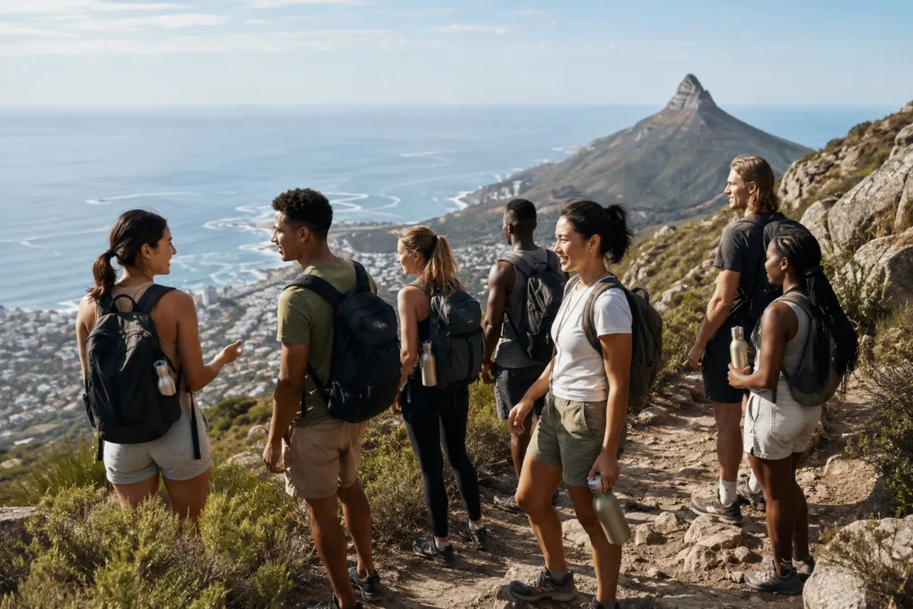 Hikers Overlooking a Rugged Coastline