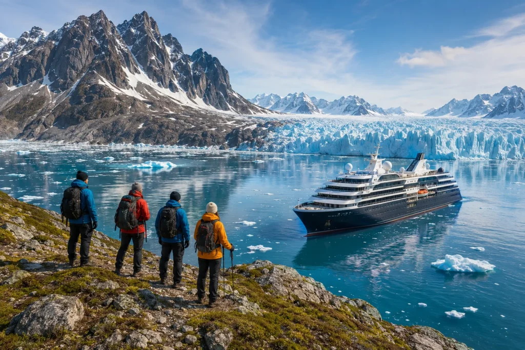 Hikers Overlooking an Arctic Glacier Fjord