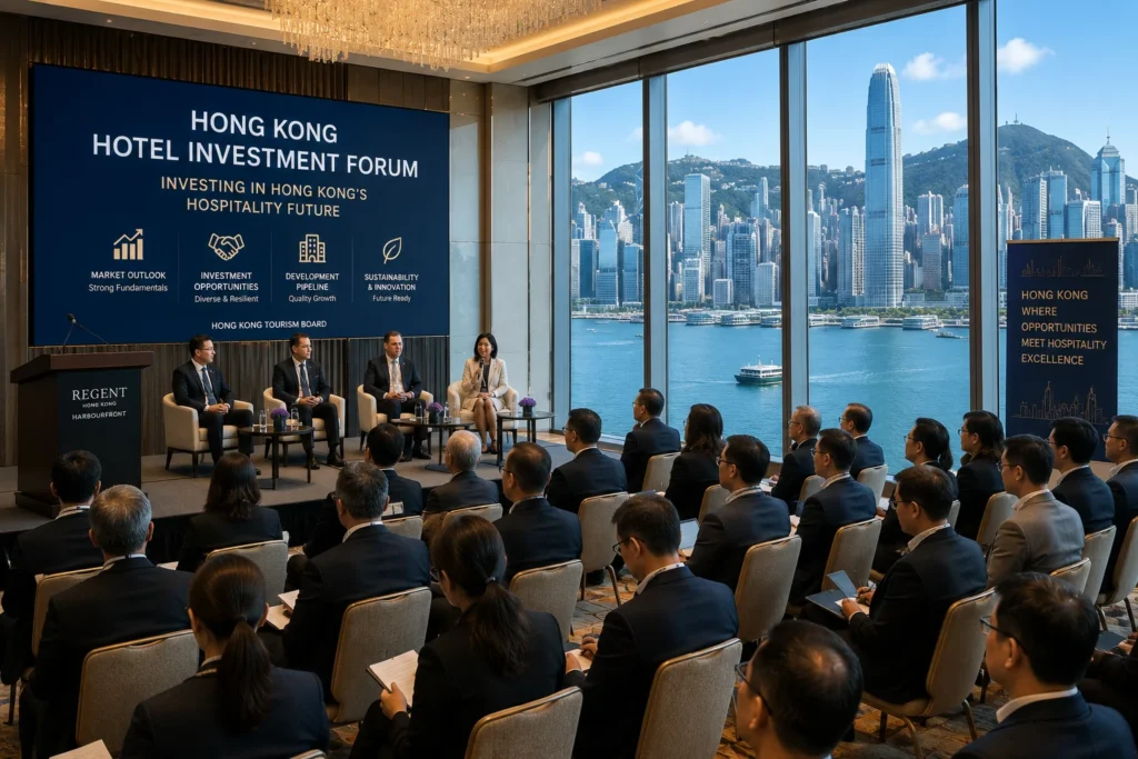 Panel discussion at a Hong Kong hotel investment forum with four speakers seated on stage, a large blue banner reading 'Hong Kong Hotel Investment Forum' and a cityscape view of Hong Kong through floor-to-ceiling windows behind.