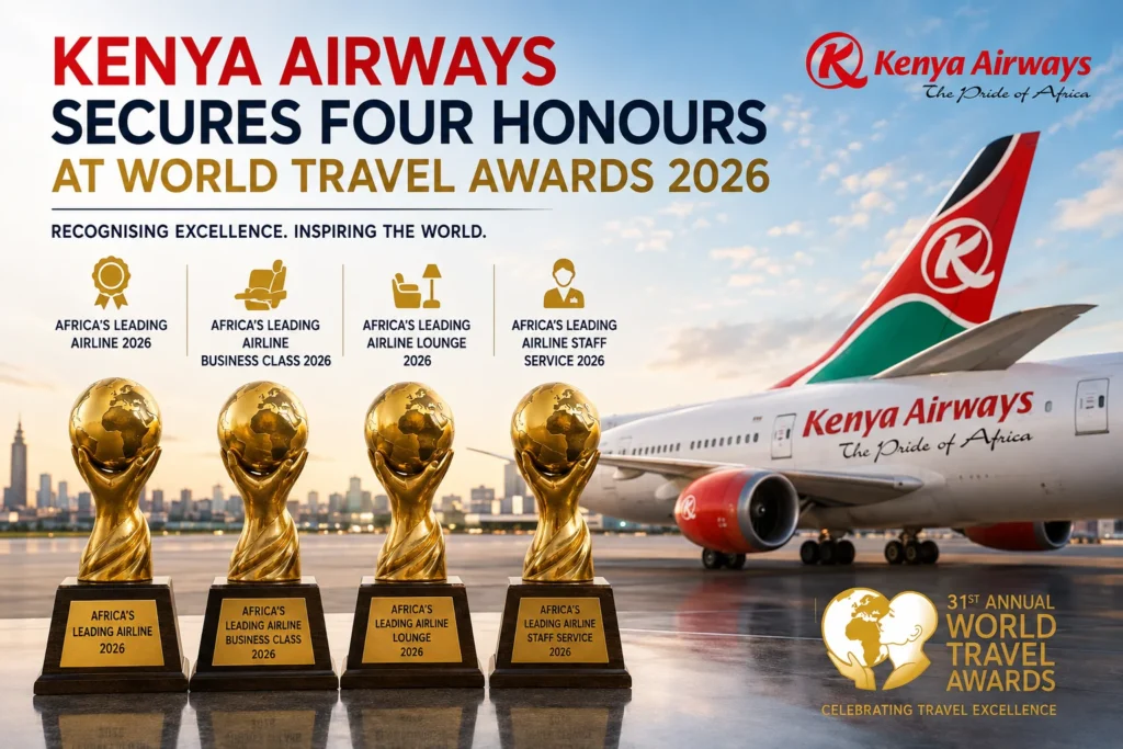 Kenya Airways celebrates four World Travel Awards 2026 trophies on the tarmac with a plane beside it.
