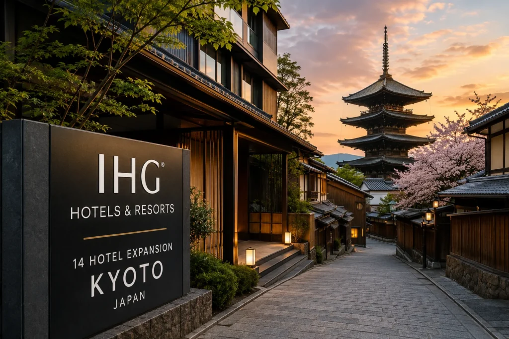 Signage for IHG Hotels & Resorts on a dark stone board beside a traditional Japanese street at sunset in Kyoto with a pagoda and cherry blossoms in the background