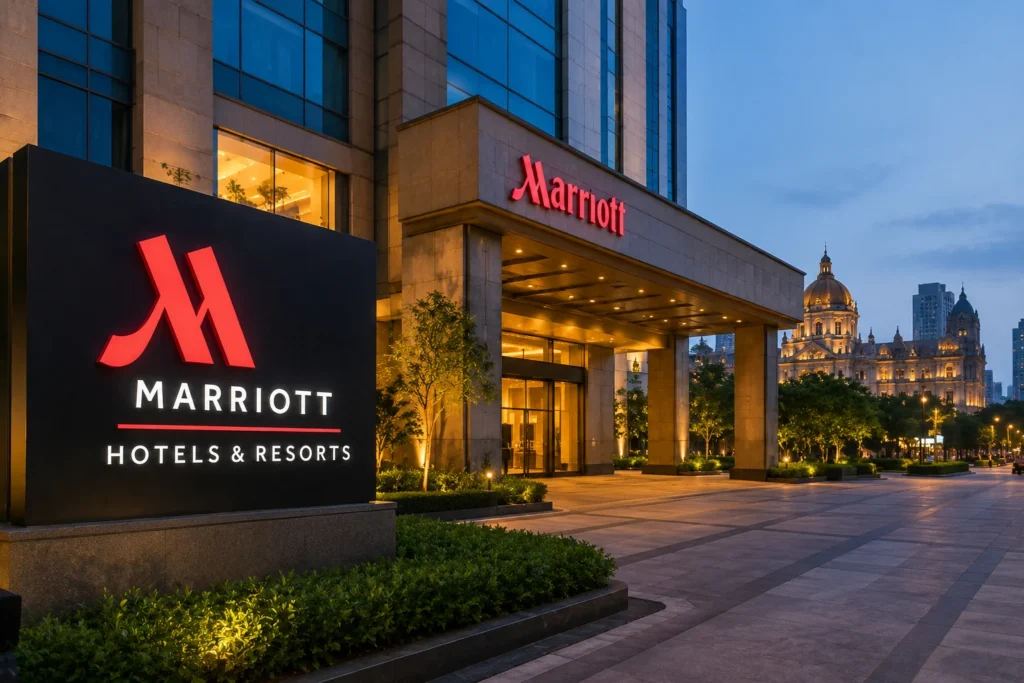Marriott hotel entrance at dusk with large red logo sign and glass-fronted lobby.