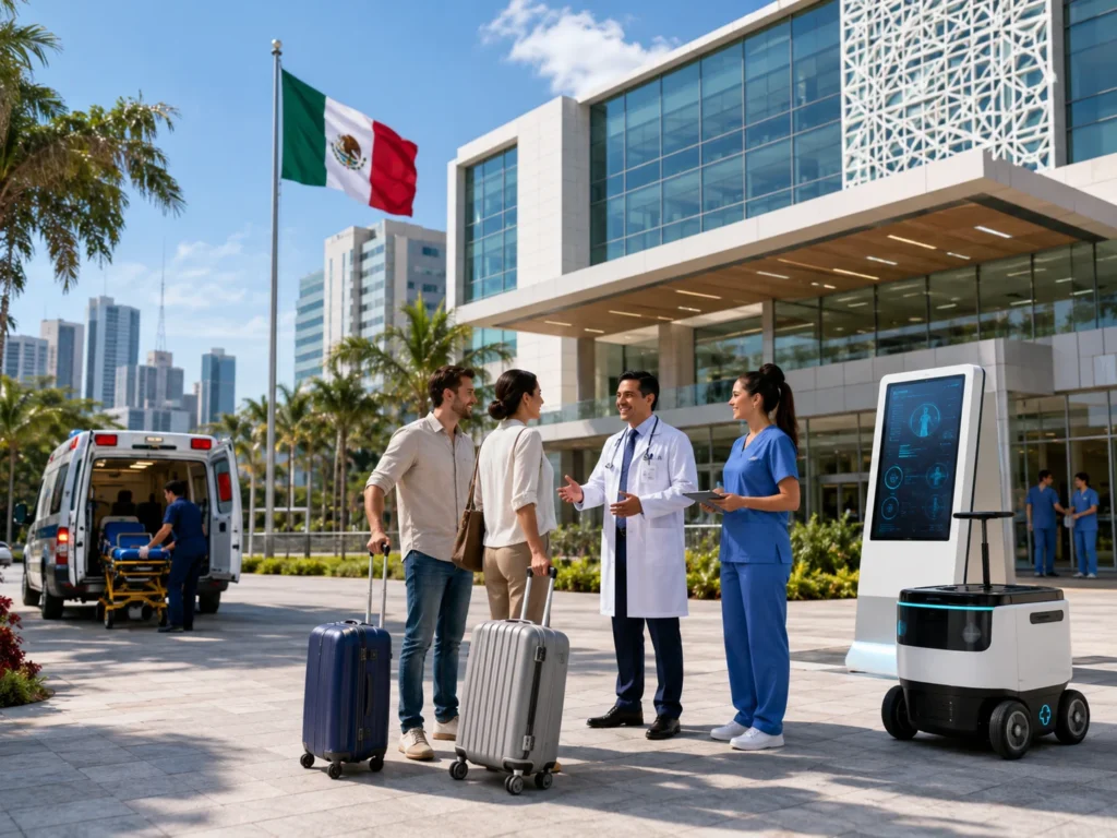 Doctor greets a couple with suitcases outside a modern hospital entrance, with an ambulance and a service robot nearby and the Mexican flag in view.