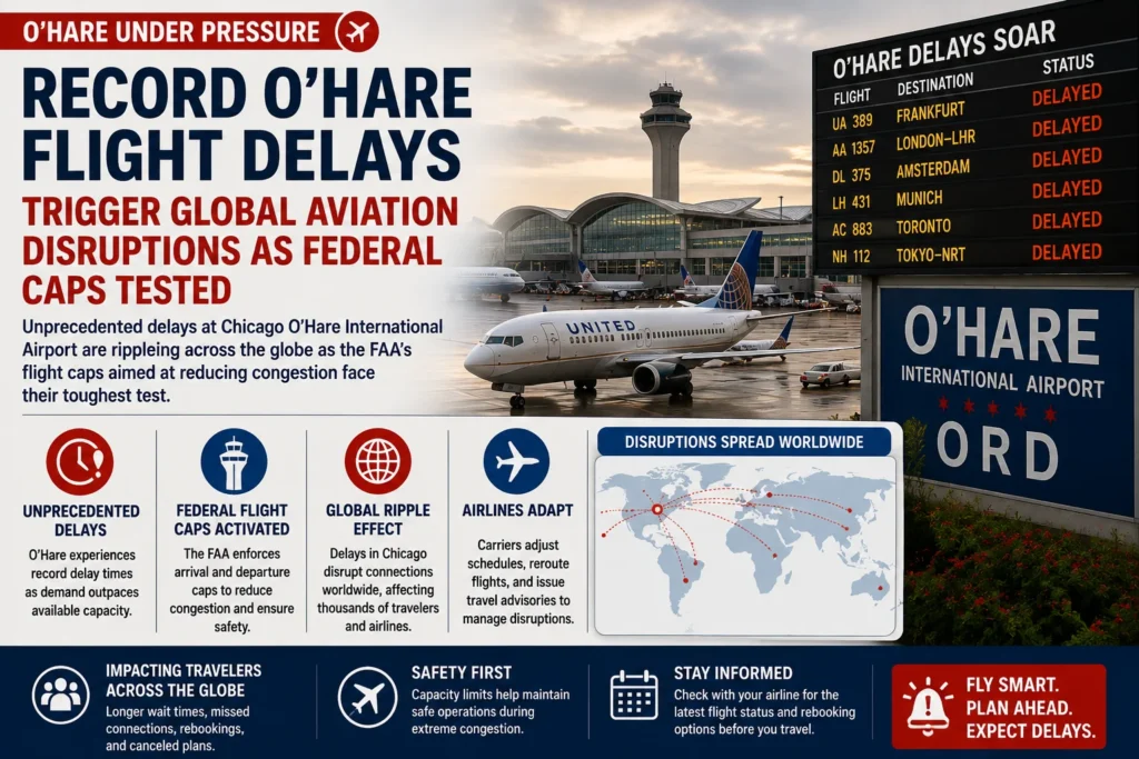 Poster about O’Hare flight delays featuring a United Airlines jet at the airport with a digital delays board and a globe-themed infographic; conveys disruption to air travel and calls for global attention to delays.