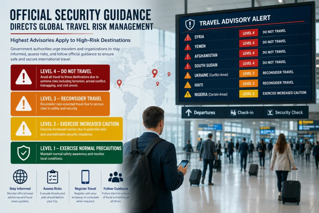 Official Security Guidance Directs Global Travel Risk Management as Highest Advisories Apply to High-Risk Destinations