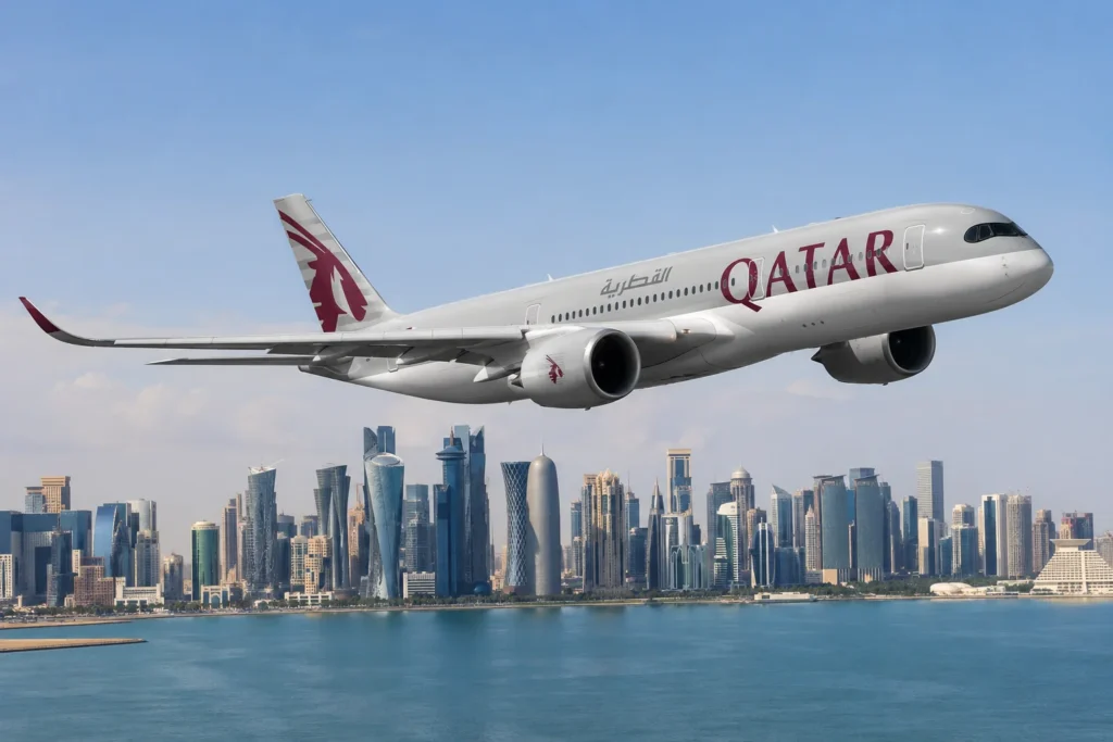 Qatar Airways Over the Coastal Skyline