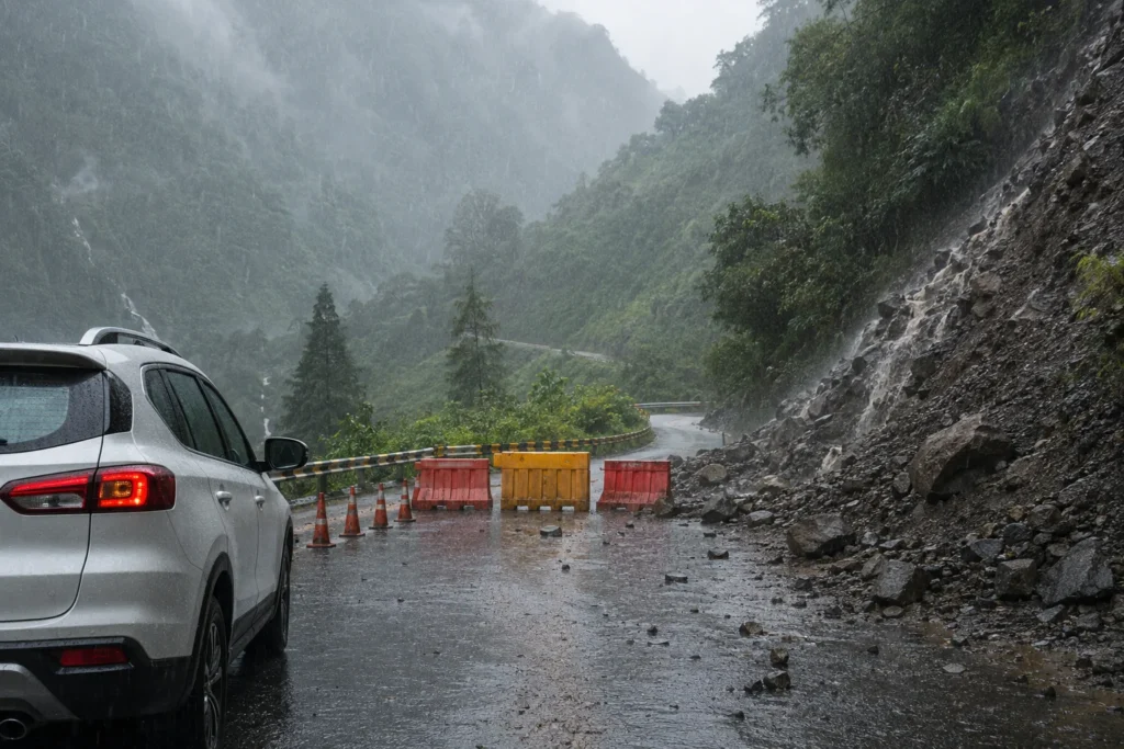 Rainy Mountain Road Blocked by Landslide