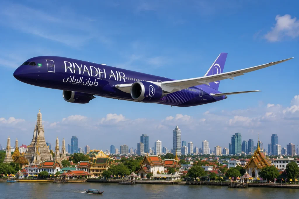 Riyadh Air Over Bangkok Temples