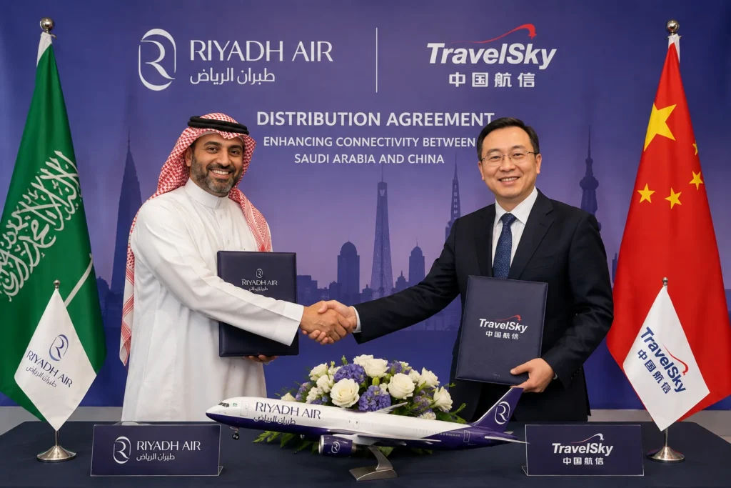 Two men shake hands in front of a Riyadh Air and TravelSky backdrop during a distribution agreement ceremony, with a model airplane on the table and flags of Saudi Arabia and China nearby.