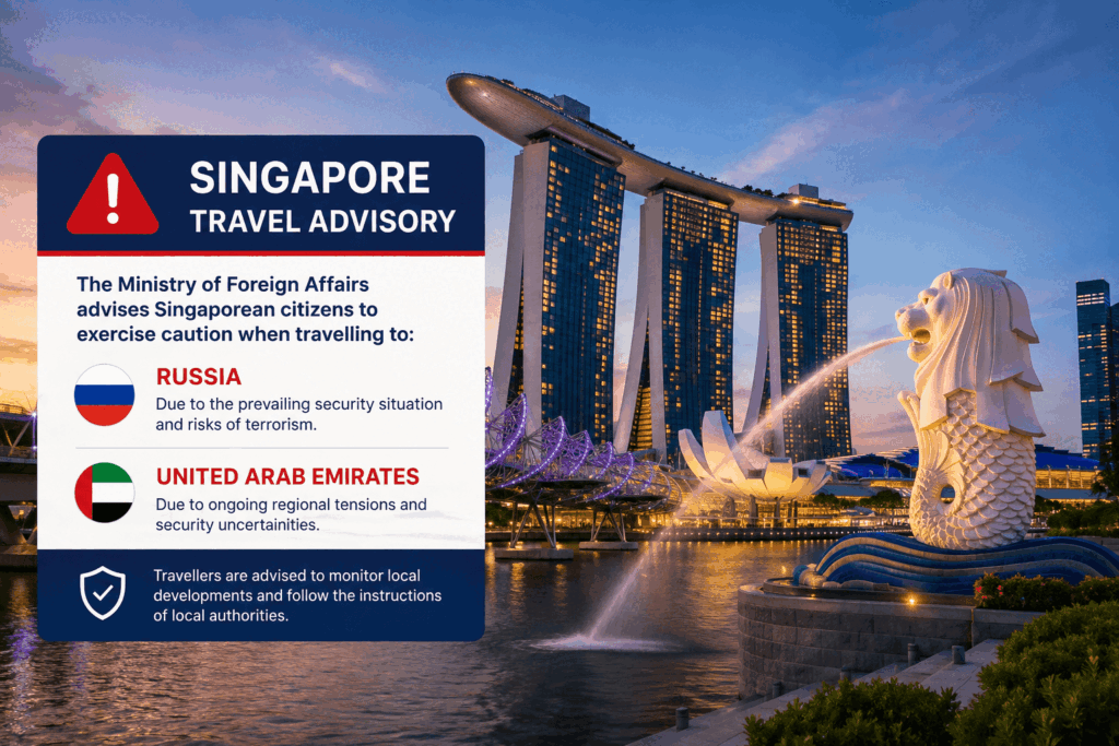 Travel advisory sign in Singapore foreground warning about Russia and United Arab Emirates; Marina Bay Sands and Merlion statue skyline in background.