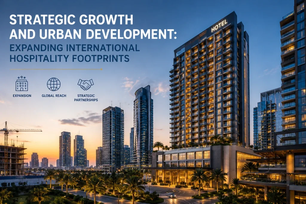 Urban skyline at dusk with illuminated high-rise hotel towers and a large blue headline about strategic growth in hospitality products/services.