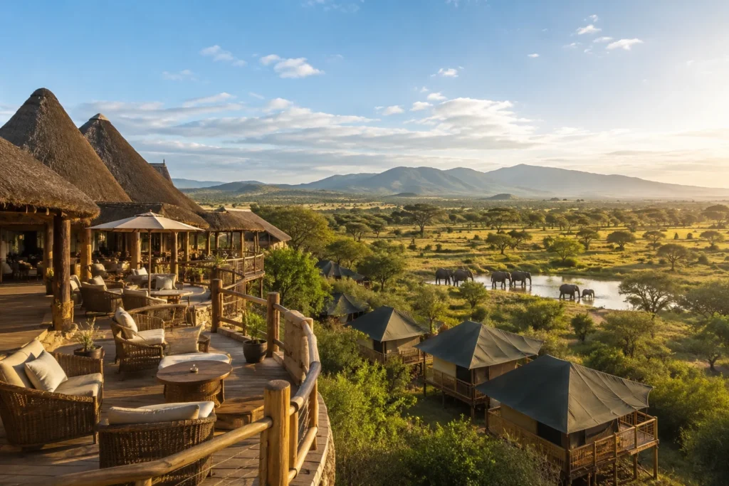 Sunlit Safari Lodge Overlooking Elephants