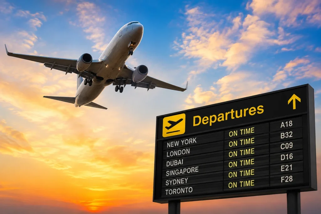 Sunset Departure: Airliner and Flight Board