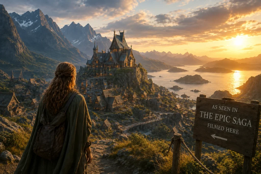 Person with a backpack gazing at a castle on a hill at sunset over a coastal valley.