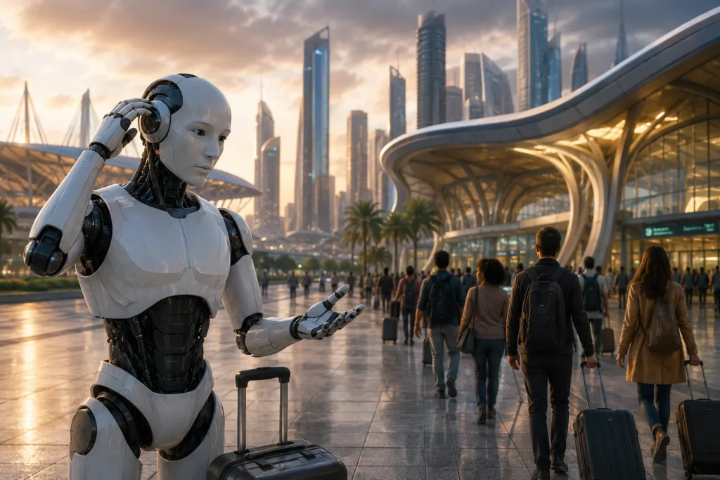 Thoughtful Robot at the Futuristic Terminal