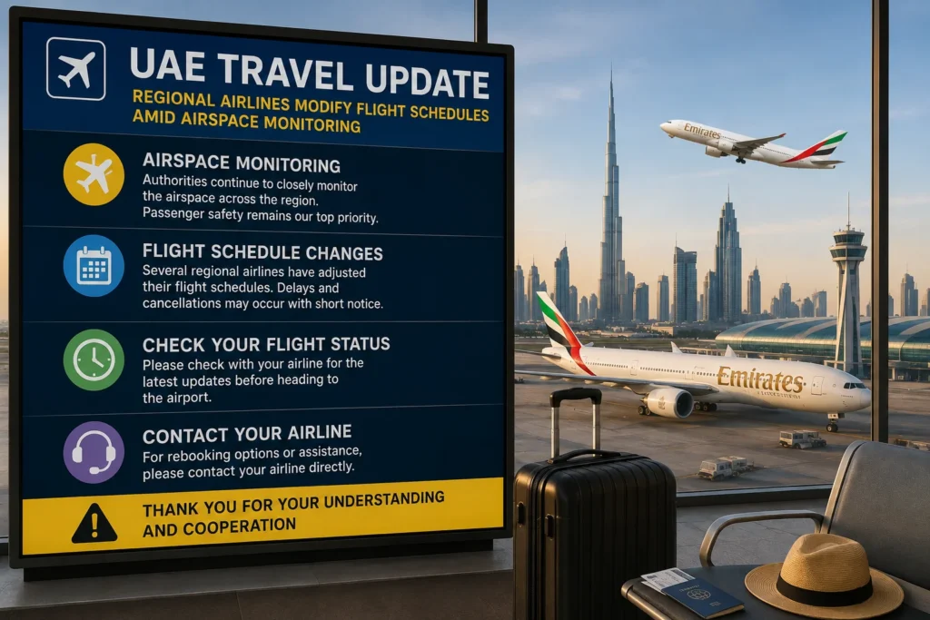 Large airport travel update board with flight notices beside a window; an Emirates plane ascends near Dubai's skyline and luggage in foreground.