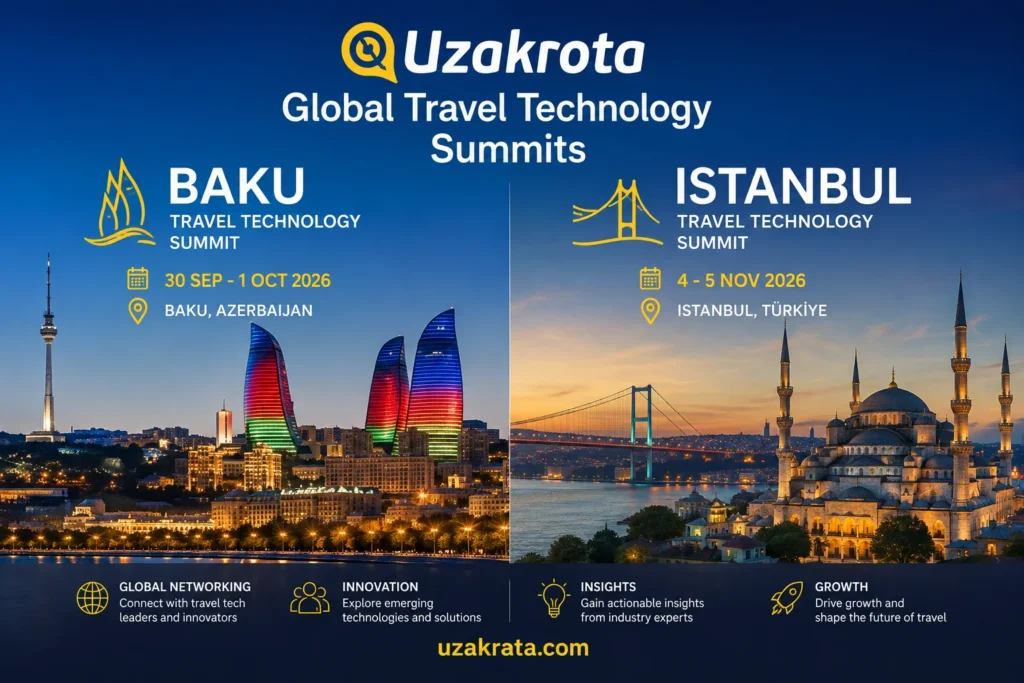 Split banner for UzTravel ‘Global Travel Technology Summits’: left side shows Baku with Flame Towers and dates 30 Sep–1 Oct 2026, Azerbaijan; right side shows Istanbul with mosque and bridge, dates 4–5 Nov 2026, Türkiye.