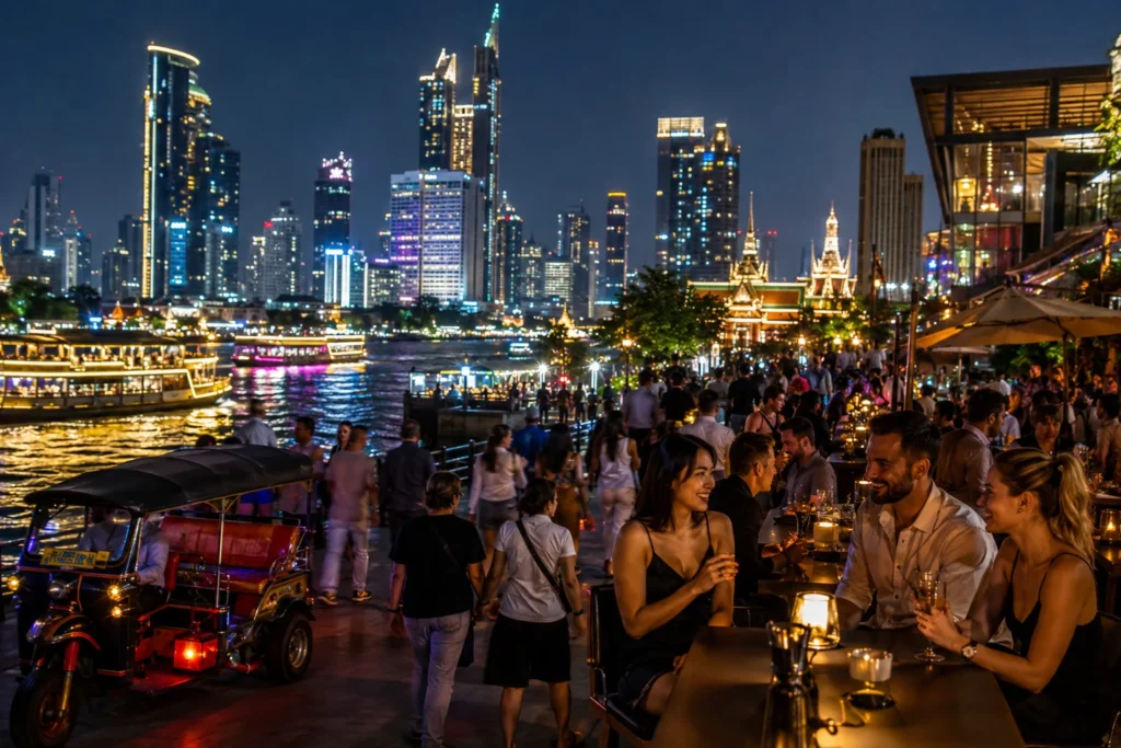 Vibrant Riverside Nightlife and Skyline