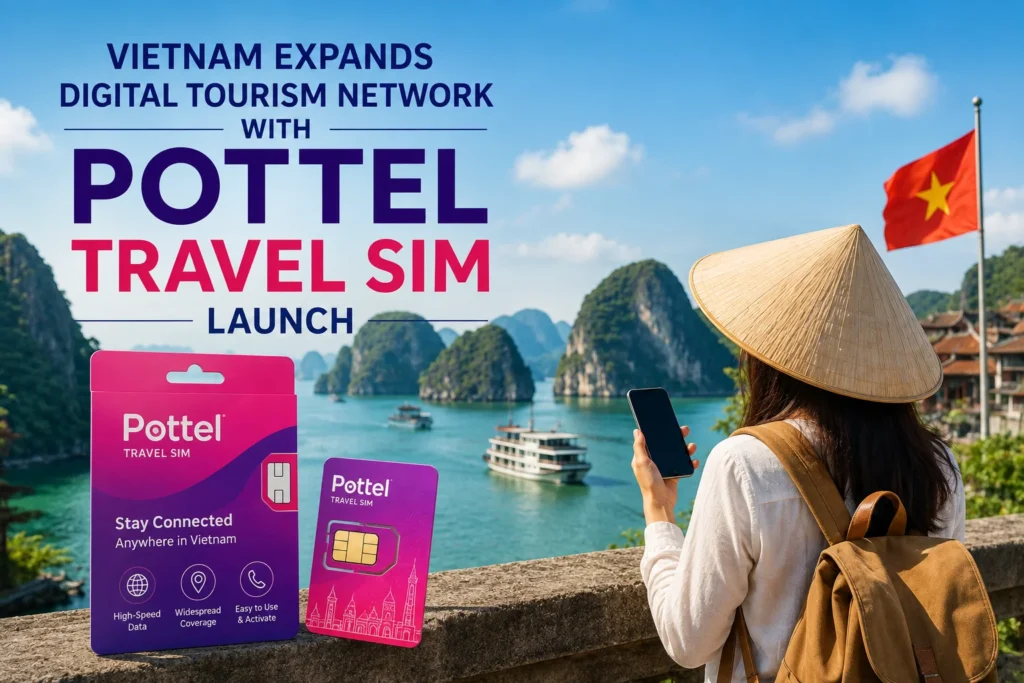 Tourist with conical hat using a smartphone beside large Pottel Travel SIM promo text against a Vietnamese coastal landscape with a red flag and limestone islands.