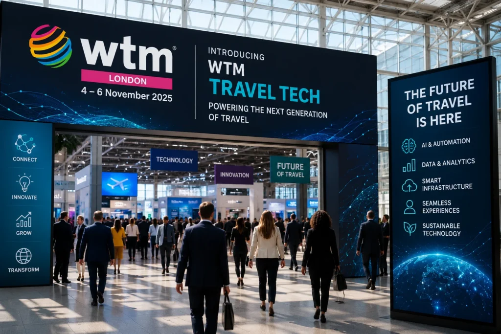 Large exhibition entrance with WTM London banners announcing Travel Tech, date, and future of travel; crowd entering the hall.