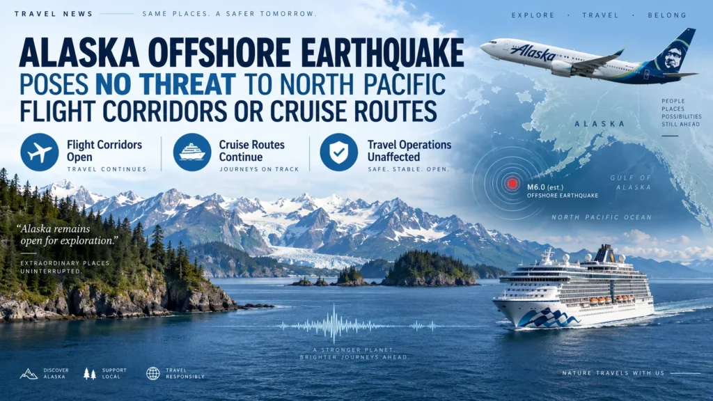 Alaska travel banner with a bold headline 'Alaska Offshore Earthquake' over a map, airplane, cruise ship, and snow-capped mountains in blue hues.