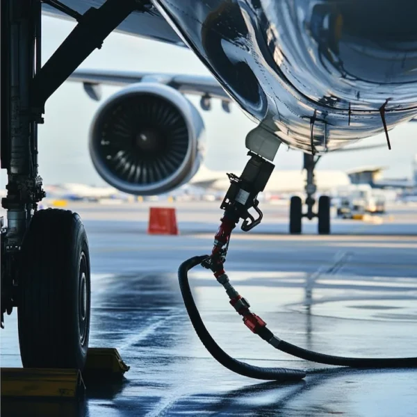Airplane being refueled on the tarmac with a fueling hose connected to the aircraft's fueling point behind the jet engine in the foreground.