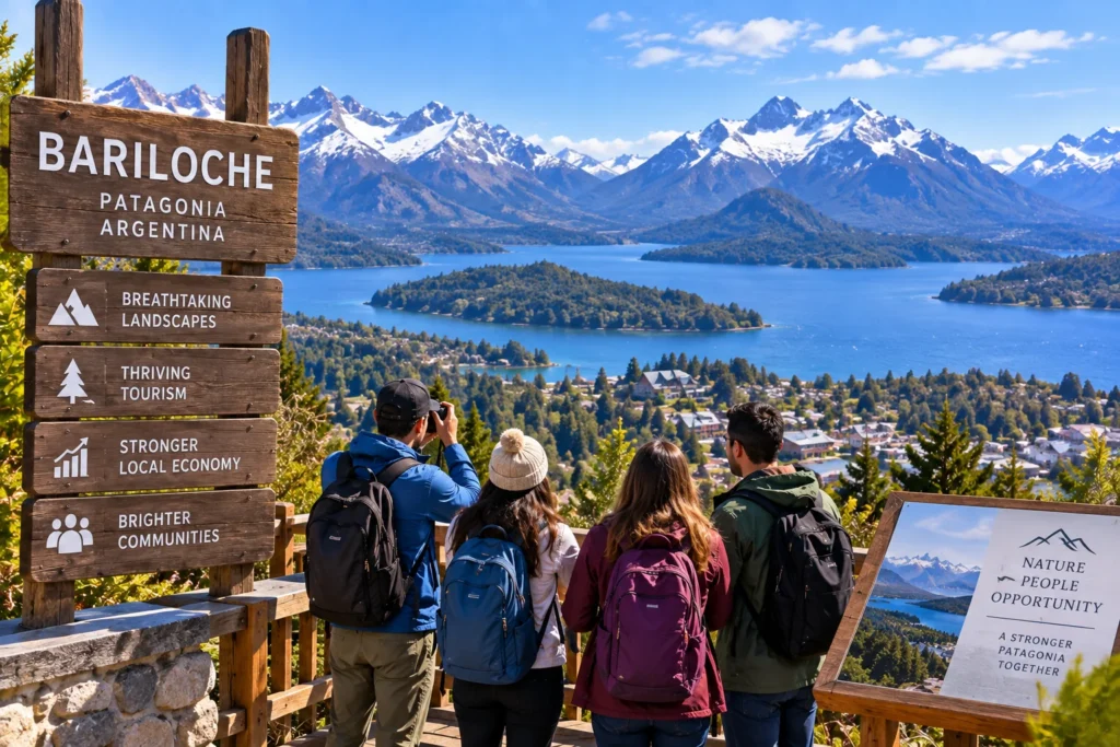 Group of four hikers with backpacks at a wooden overlook sign for Bariloche, Patagonia, Argentina, looking over a blue lake and snow-capped mountains.