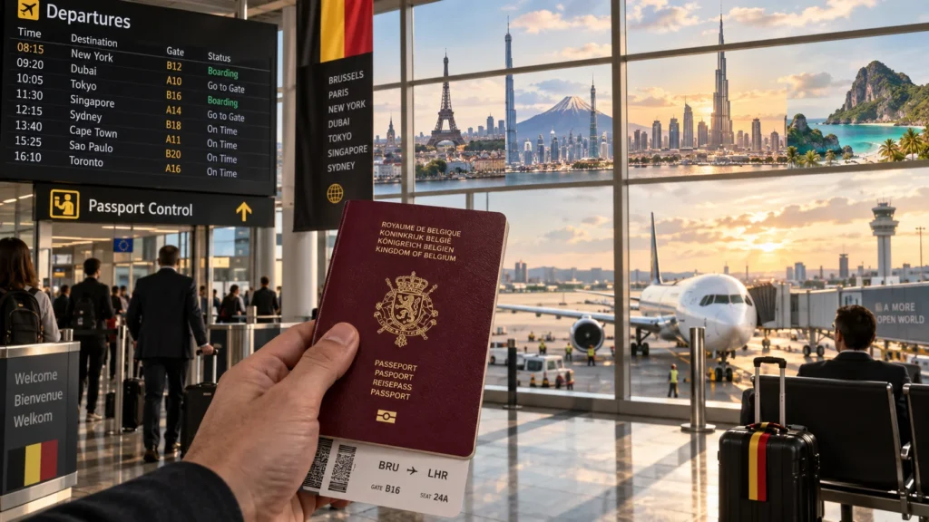 Traveler in an airport holding a Belgian passport and boarding pass, with a departures board and gate area in view.