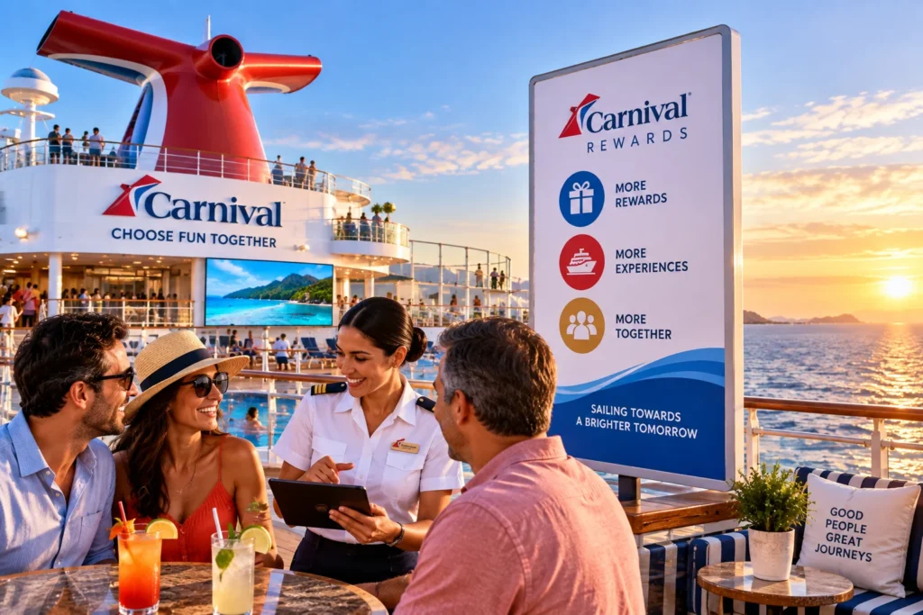 Group of adults enjoying drinks on a Carnival cruise deck with a large red funnel and a rewards sign at sunset by the sea.