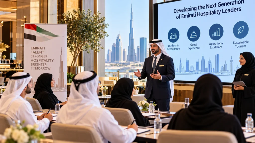 Male presenter in a suit speaks to conference attendees as a large screen shows 'Developing the Next Generation of Emirati Hospitality Leaders' and attendees sit at tables in traditional dress.