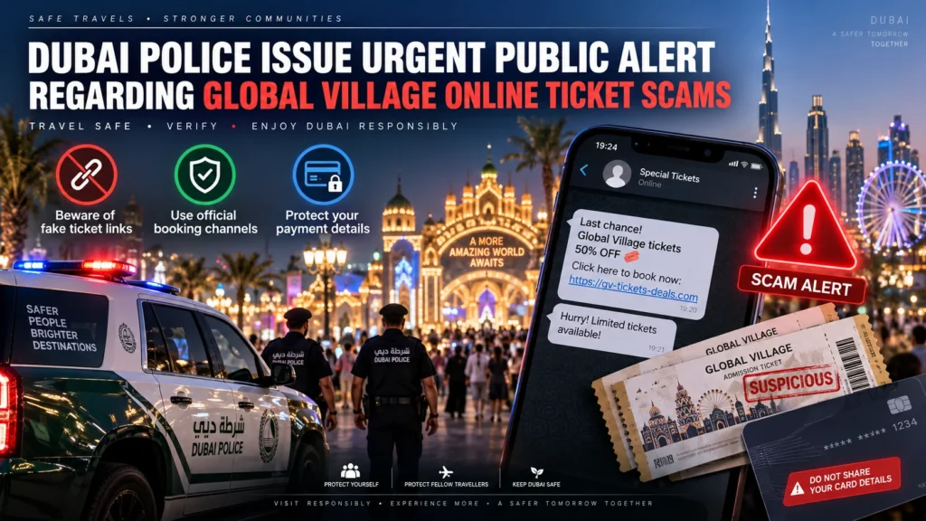 Dubai Police alert about global village online ticket scams with police cars and a mobile scam message display in Dubai cityscape at night.
