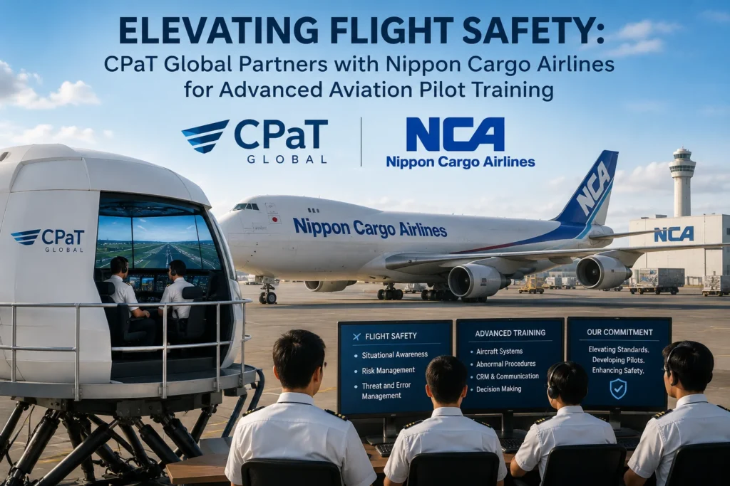 Bannered training scene: pilots and trainees watching flight-safety briefings with a Nippon Cargo Airlines jet in the background.