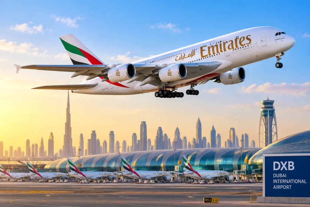 Emirates A380 landing at Dubai International Airport with the city skyline, including the Burj Khalifa, in the background.