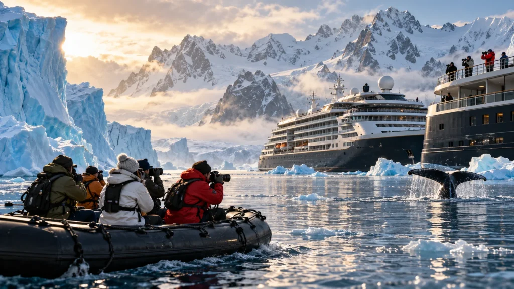 Photographers in an inflatable boat photographing icy cliffs and cruise ships in a frozen bay with snowcapped mountains in the background