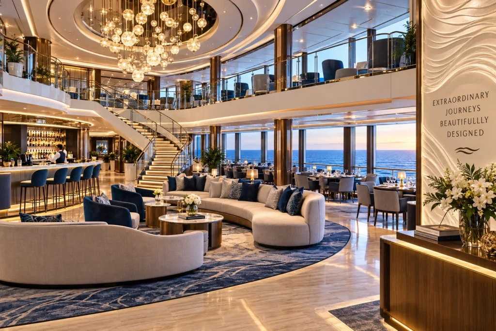 Luxurious hotel lobby with a curved beige sofa, navy cushions, and a glass chandelier overlooking the ocean.