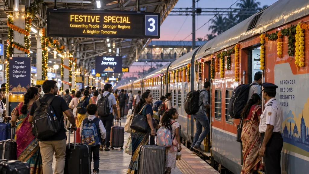 Crowded Indian railway platform at dusk with an orange decorated train on the right and travelers with luggage waiting to board.