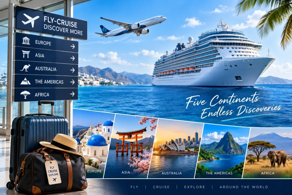 Promotional cruise image with a ship beside a signpost listing Europe, Asia, Australia, the Americas, Africa; luggage in foreground and a plane overhead.