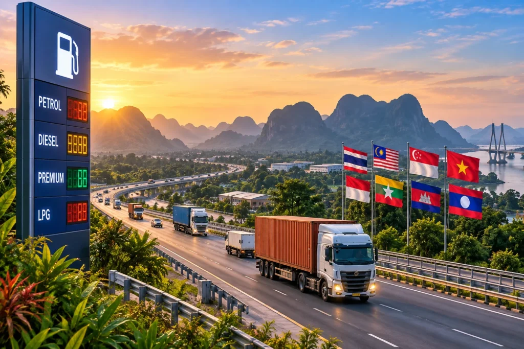 Sunset highway scene with a large fuel-price board on the left, a white container truck, and flags of Southeast Asian nations along the roadside.