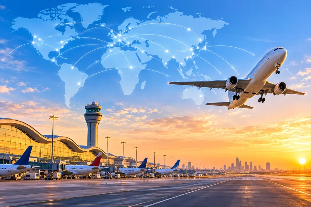 Global Airport Takeoff at Sunrise
