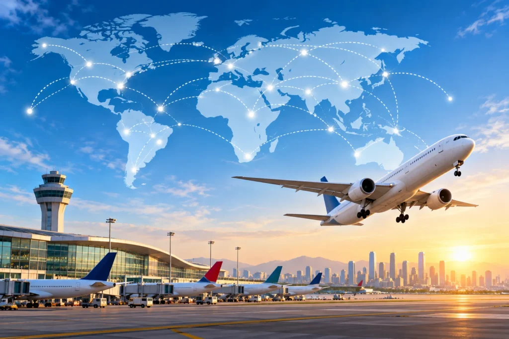 Global Flight Routes Over a Sunrise Airport