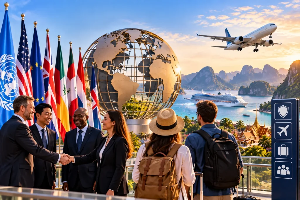 Group of diverse professionals shaking hands in front of national flags and a golden globe sculpture at a waterfront travel hub, with a cruise ship and airplane in the background.