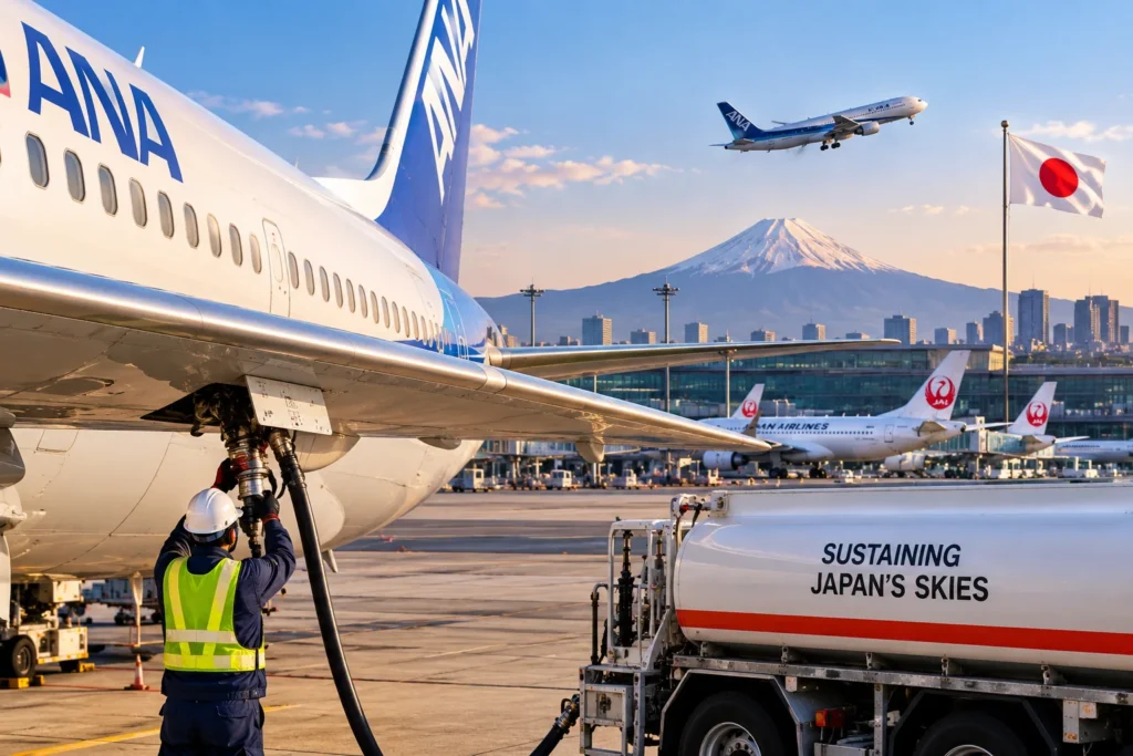 Ground crew member in a reflective vest refuels an ANA passenger jet at a airport gate with Mount Fuji and a Japanese flag in the background.