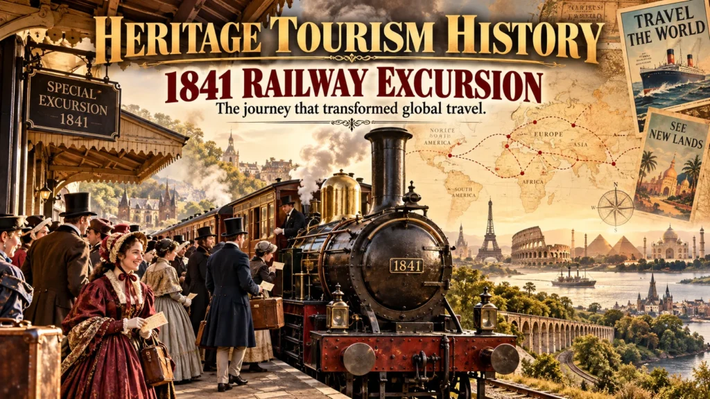 1841 heritage railway excursion poster with a steam locomotive and crowds in Victorian dress at a station, map backdrop behind.
