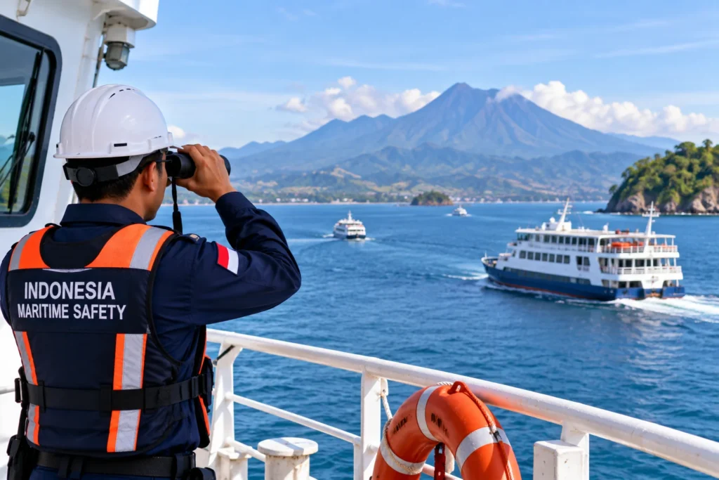 Maritime safety officer in a blue uniform and white helmet on a patrol船 deck, using binoculars to scan the sea with boats and mountains in the background.