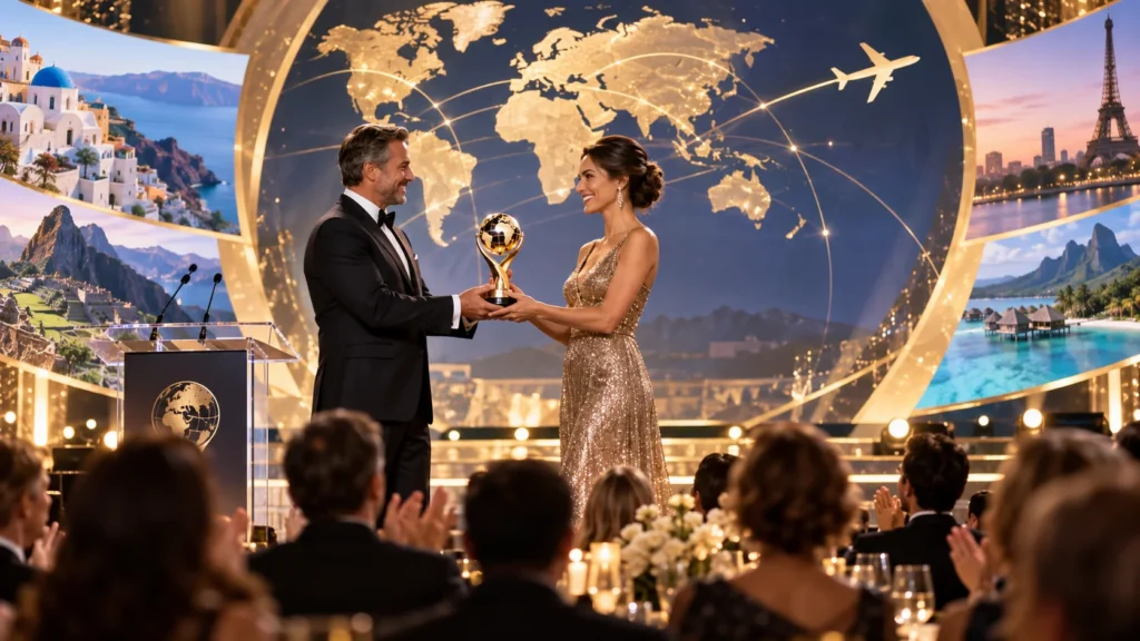 Man in a tuxedo and a woman in a gold gown exchange a trophy on a well-lit stage during an awards ceremony, with a glowing world-map backdrop behind them.