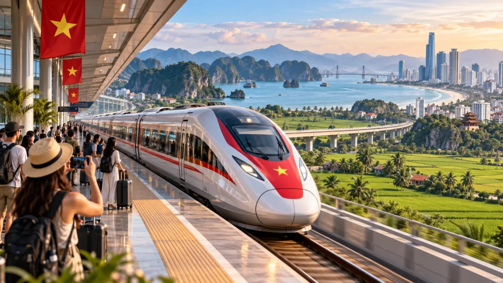 High-speed train with a red Vietnamese flag on the front at a seaside station, passengers waiting on a modern platform with summit mountains and a city skyline in the background.