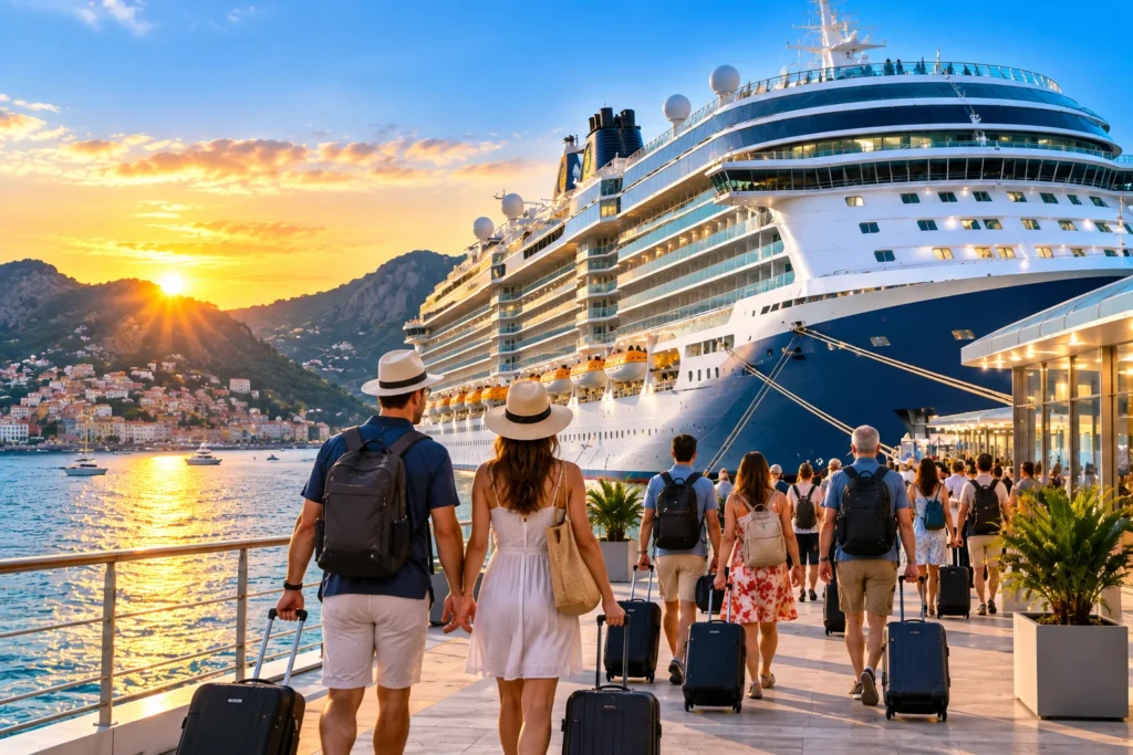 Group of tourists with rolling suitcases walk along a harbor toward a large cruise ship at sunset.
