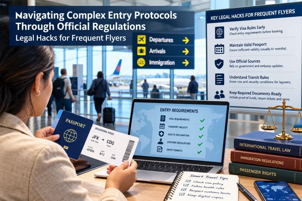 Traveler at an airport desk holds a passport while a laptop shows entry requirements.