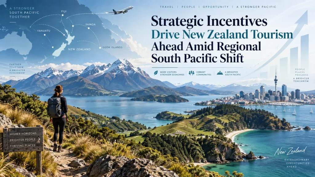 Promotional banner for New Zealand tourism: a hiker with backpack standing on a coastal trail, with mountains, bay and Auckland skyline, overlaid with a bold headline about Driving New Zealand Tourism.